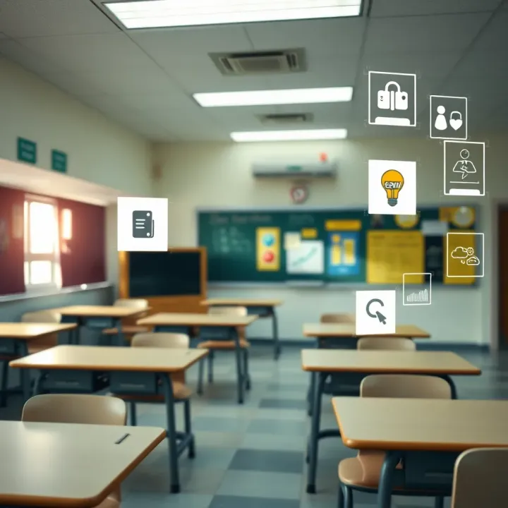 School environment with safety measures and emergency preparedness icons