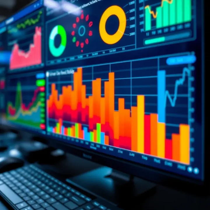 Visual representation of risk factors through various colorful charts and graphs on a digital screen