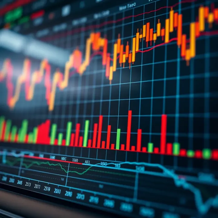 Stock Market Trends Illustrated with Moving Averages and Volume Bars Graph depicting stock market trends with moving averages and volume bars