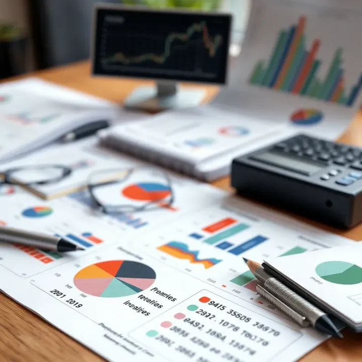 Detailed business plan with financial charts and technical analysis tools on a desk
