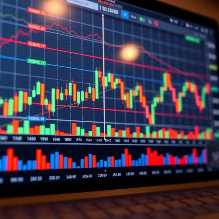 Chart displaying candlestick patterns with volume bars below for financial data analysis