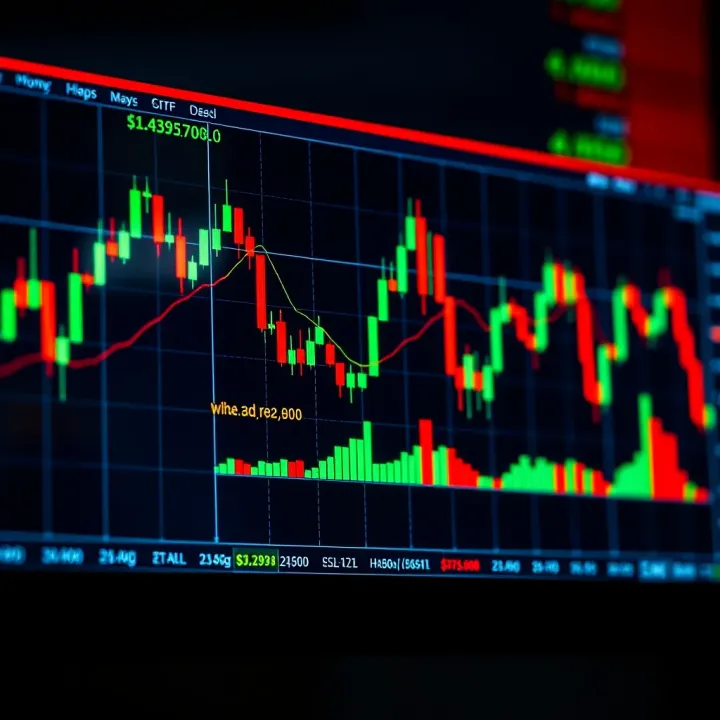 Chart displaying candlestick patterns and moving averages on a financial market graph