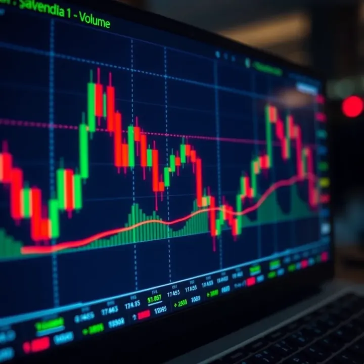 Chart displaying candlestick patterns and volume indicators on a financial trading platform