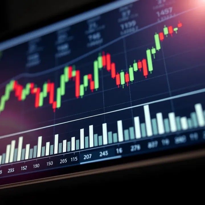 Chart showing candlestick patterns with volume bars below representing trading activity