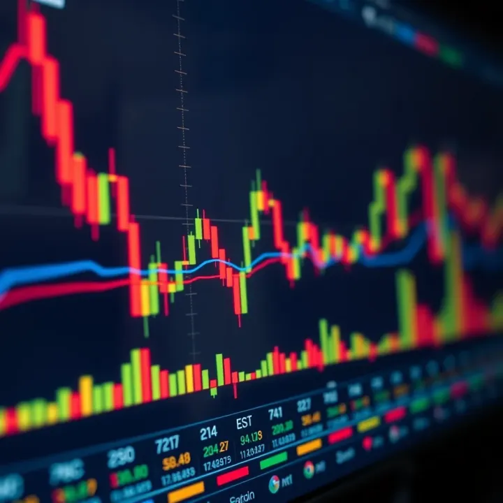 Financial market chart showing candlestick patterns and trend lines for technical analysis