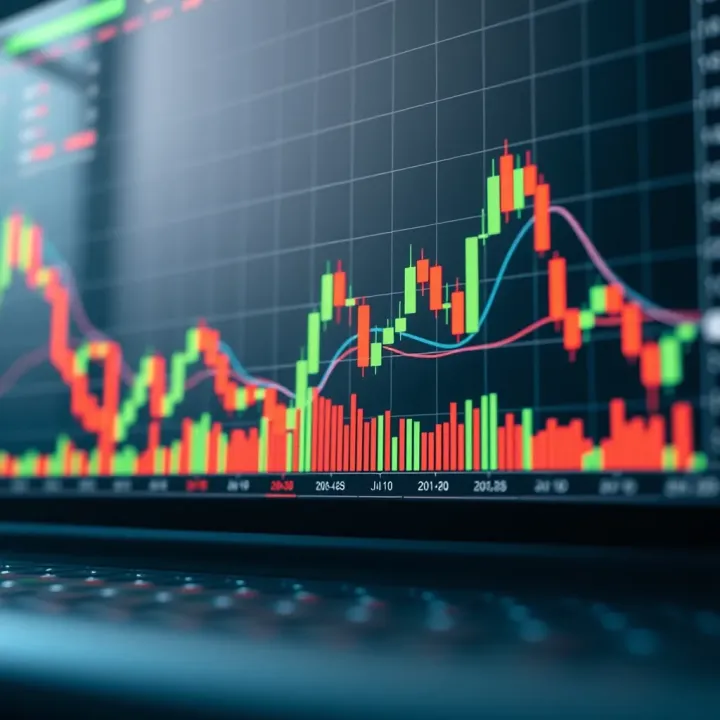 Financial chart displaying candlestick patterns and volume indicators