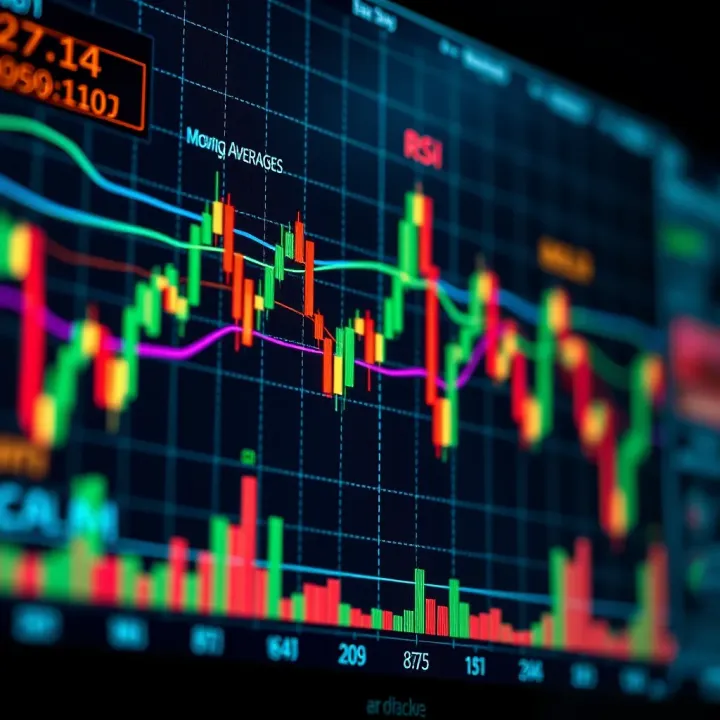 Chart displaying various financial indicators like moving averages and RSI