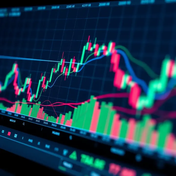 Financial market chart showing candlestick patterns and moving averages