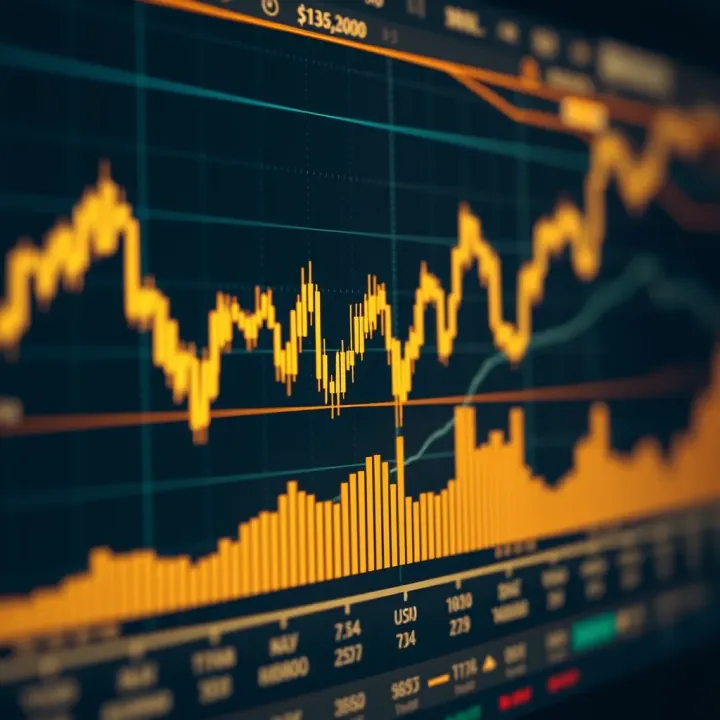 Gold price chart displaying candlestick patterns with trend lines and volume indicators