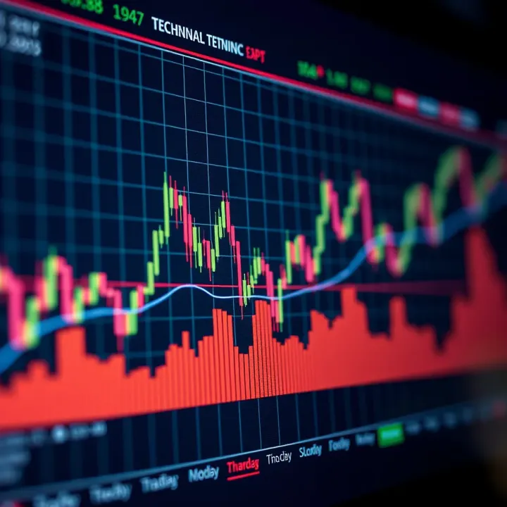 Graph illustrating common technical indicators such as moving averages and volume to aid trading decisions