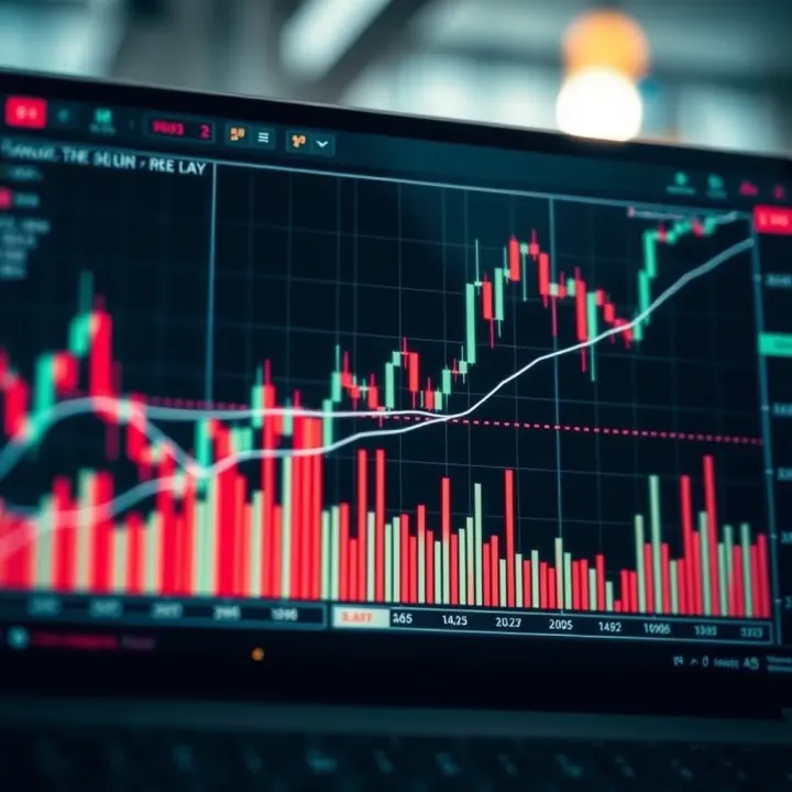 Graph showing historical price movements with trend lines and volume bars beneath