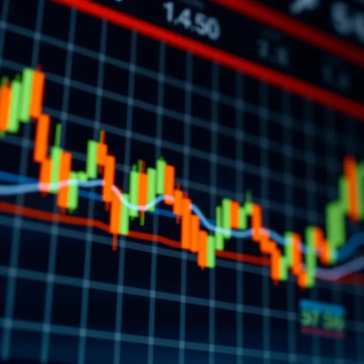 Chart displaying candlestick patterns and trend lines for technical analysis in trading