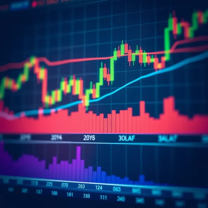 Financial chart showing candlestick patterns and trend lines for market analysis