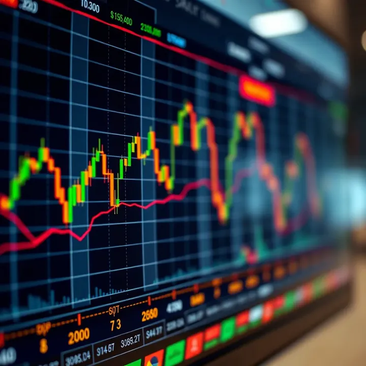 Chart displaying fluctuating financial asset prices and trading volumes