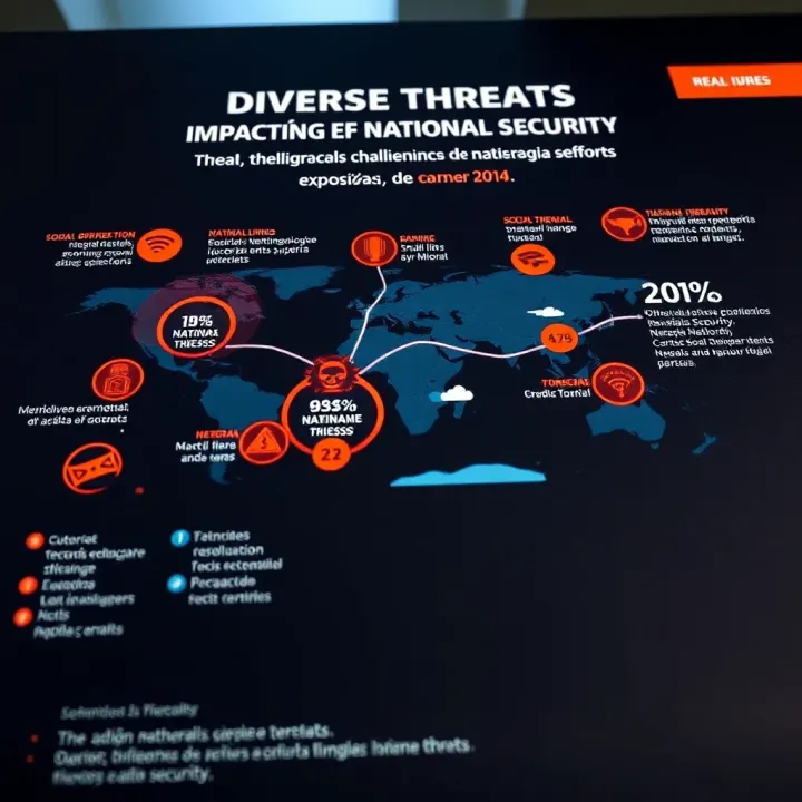 Diverse Threats Impacting National Security Map highlighting diverse natural, technological, and social threats challenging national security and protection efforts
