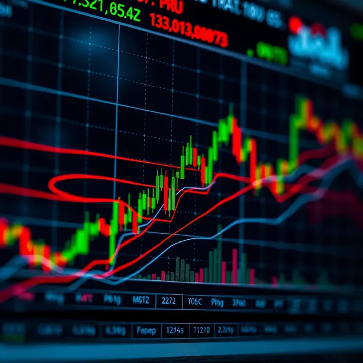 Chart displaying rising and falling stock prices with technical indicators