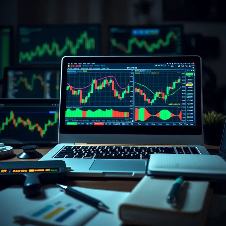 Collection of trading tools including charts, laptop, and financial data analysis on screen