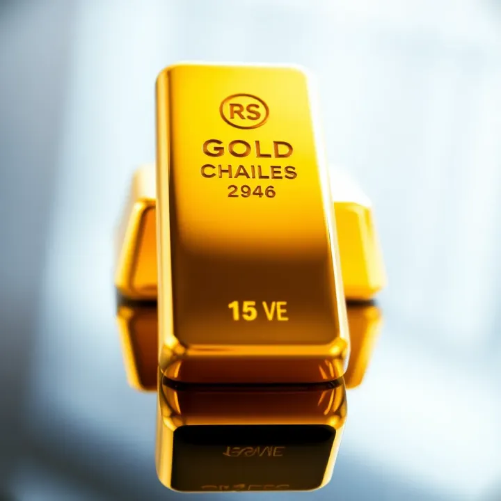 Close-up of a gold bar showcasing its shiny surface and purity markings on a reflective background