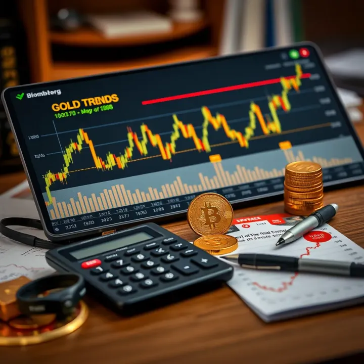 Financial chart displaying fluctuating gold prices with a gold coin and calculator on a wooden desk