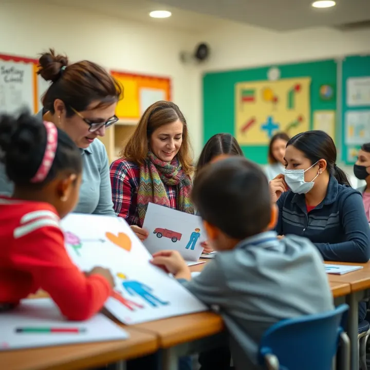 Classroom scene showing teachers and parents reviewing student artwork depicting safety concerns